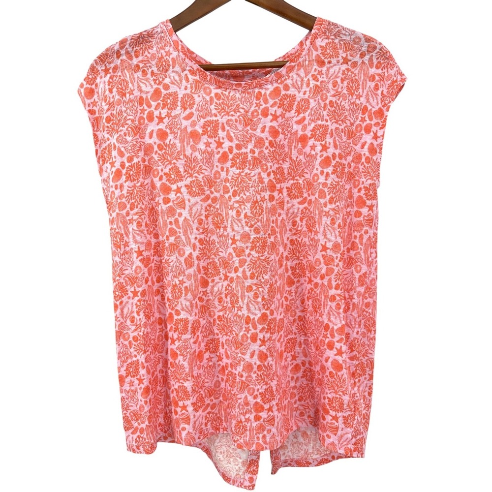SIGRID OLSEN Women's‎ M Pink & Orange Seashell Print Linen Button Back T-Shirt